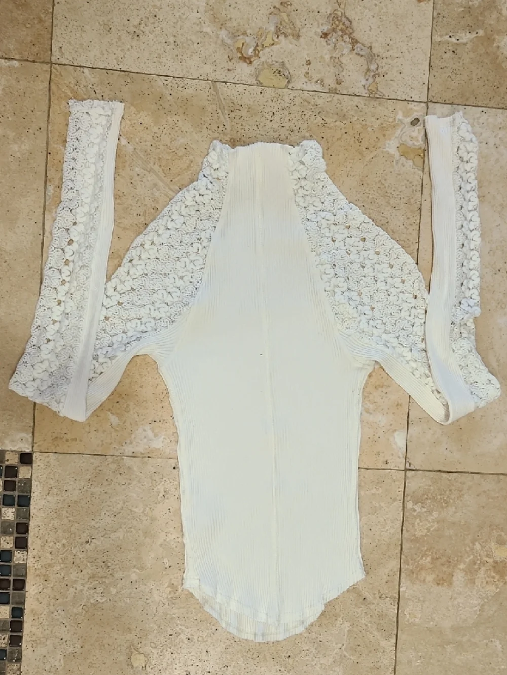 Free People Ivory Lace-Panel Ribbed Long Sleeve Top